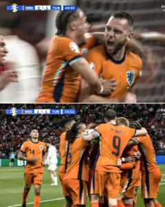 Netherlands players celebrating after scoring against Turkey